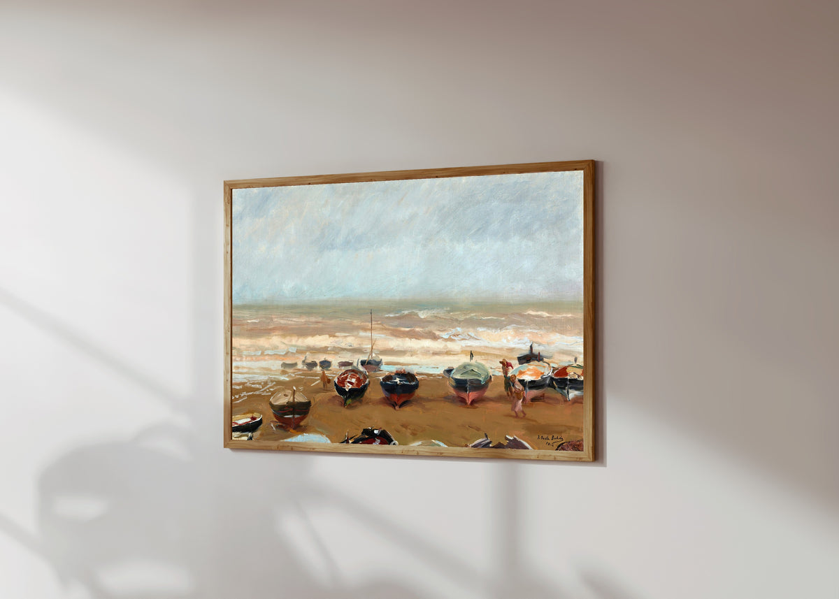 Framed art print of Stormy Afternoon (Tarde tormentosa) by Joaquín Sorolla, in a light wood frame on a sunlit white wall, seen at a slight angle