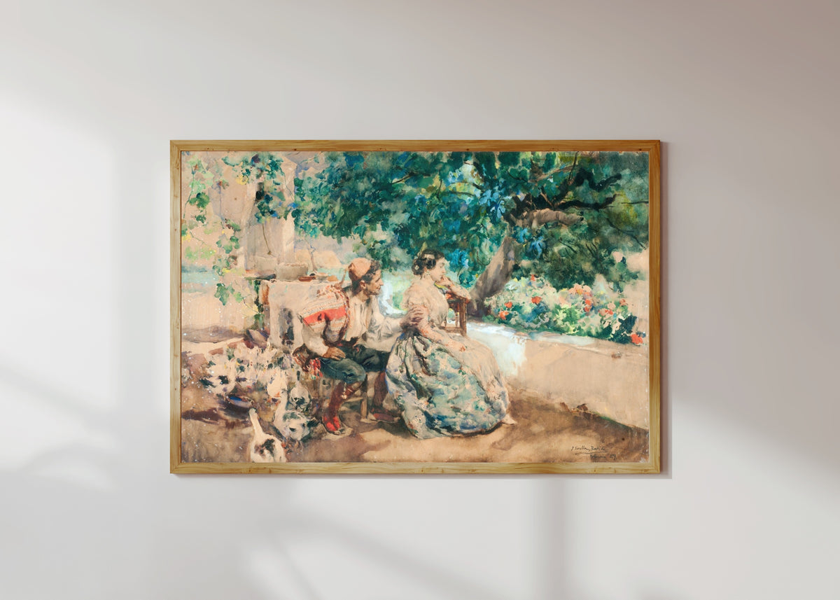 Framed art print of Summer Cloud (Nube de verano) by Joaquín Sorolla, in a light wood frame on a sunlit white wall
