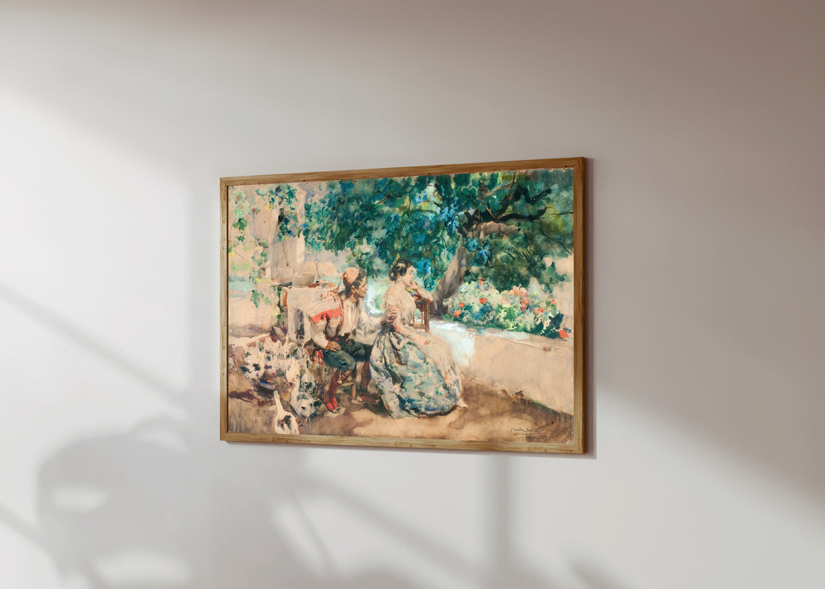 Framed art print of Summer Cloud (Nube de verano) by Joaquín Sorolla, in a light wood frame on a sunlit white wall, seen at a slight angle