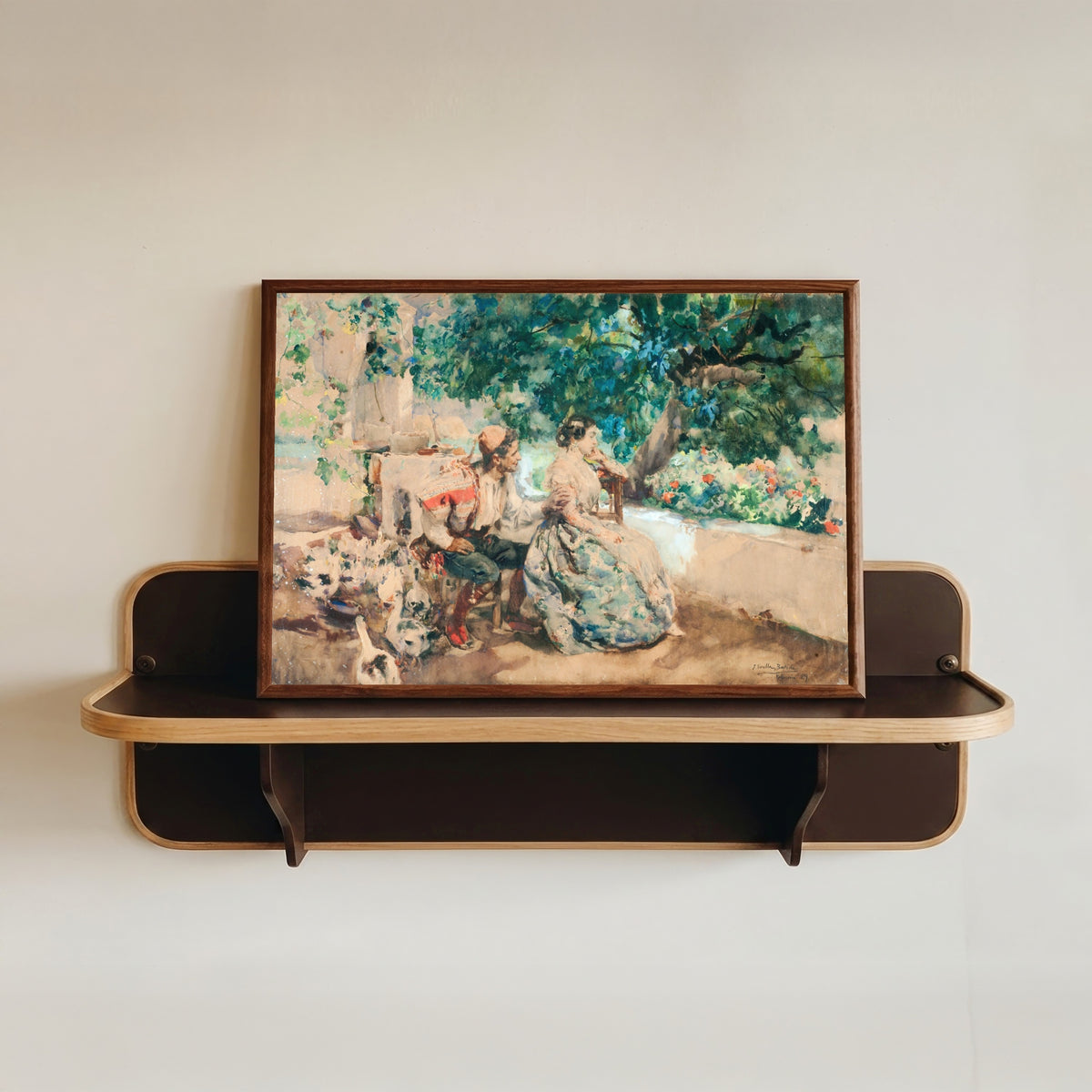 Framed art print of Summer Cloud (Nube de verano) by Joaquín Sorolla, in a dark wood frame resting on a wall shelf