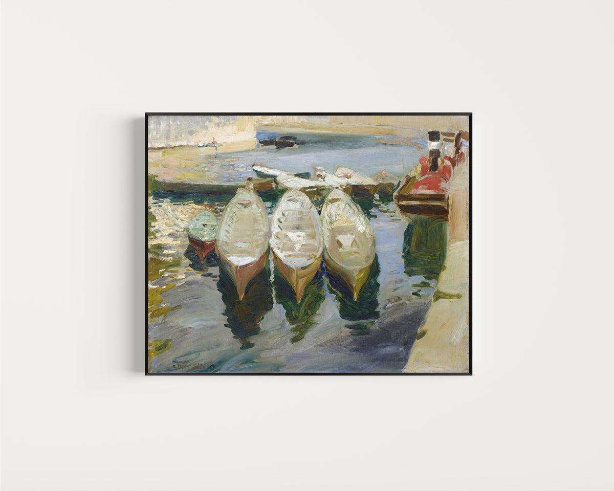 Framed art print of The Basque Port of Guetaria by Joaquín Sorolla, in a slim black frame on a plain white wall