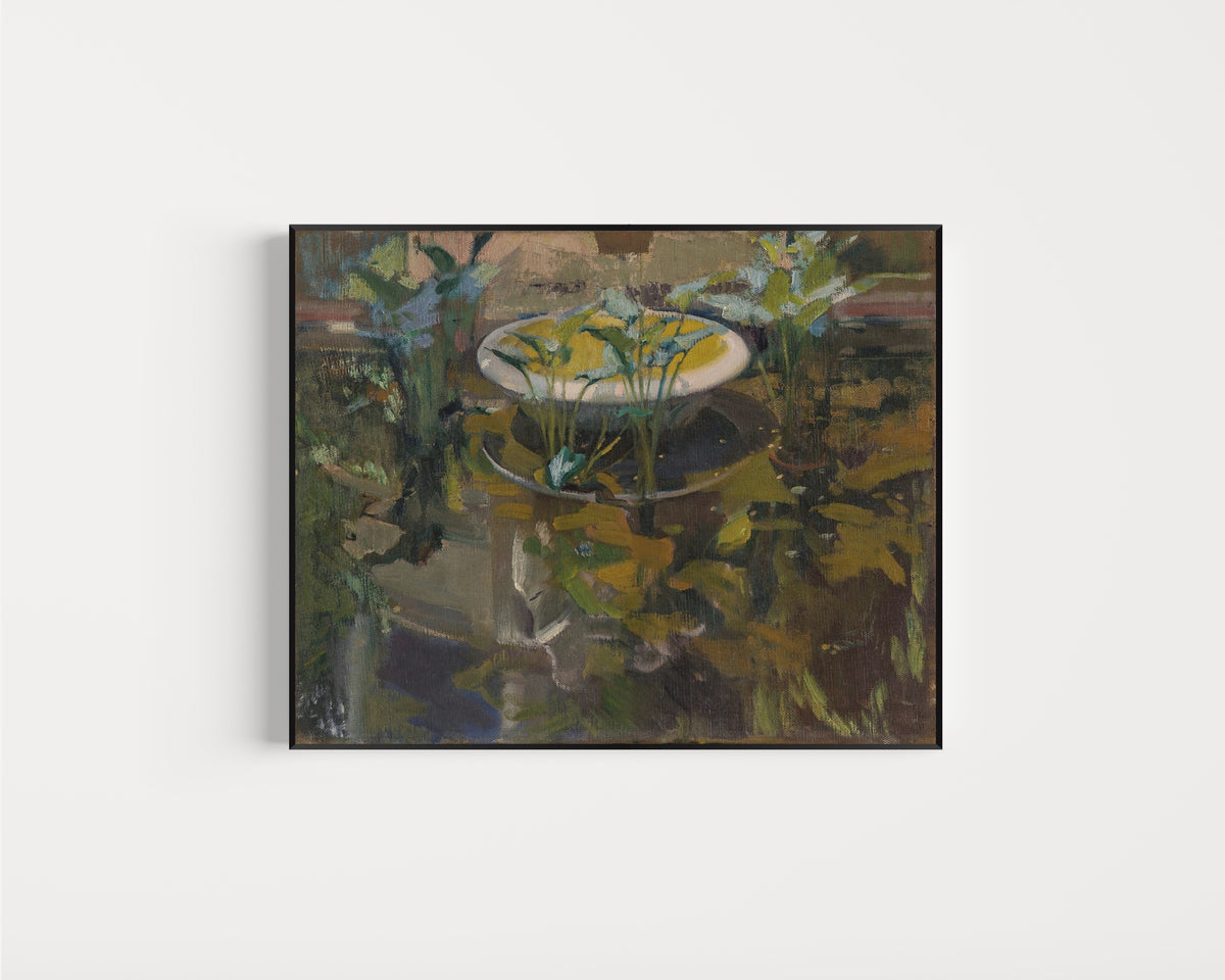 Framed art print of The Fountain of Confidences, Garden of the Sorolla House by Joaquín Sorolla, in a slim black frame on a plain white wall