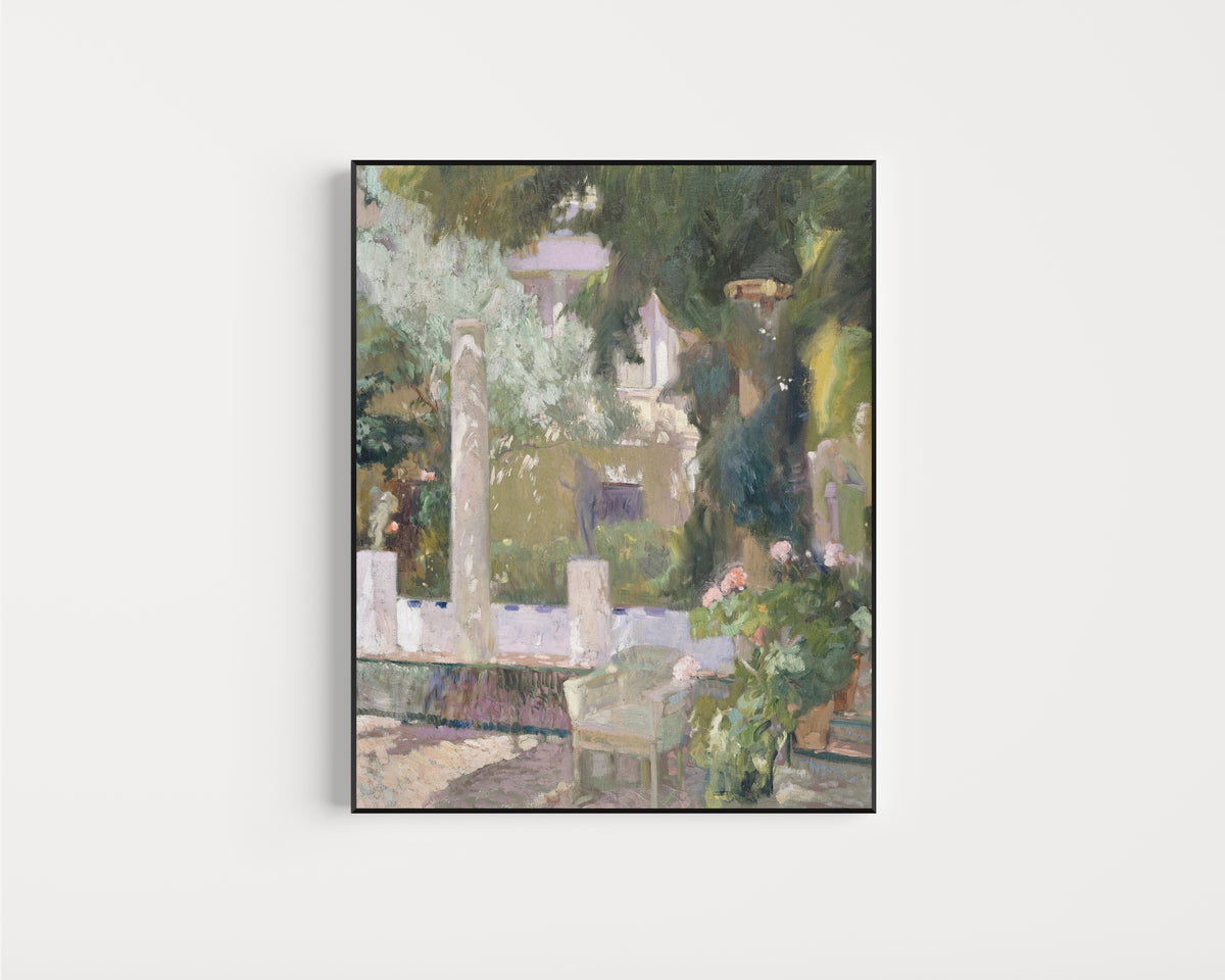 Framed art print of The Gardens at the Sorolla Family House by Joaquín Sorolla, in a slim black frame on a plain white wall