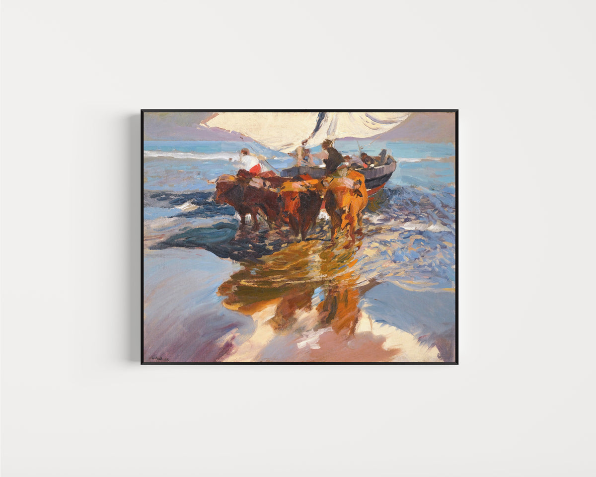Framed art print of The Return from Fishing, Valencia Beach by Joaquín Sorolla, in a slim black frame on a plain white wall