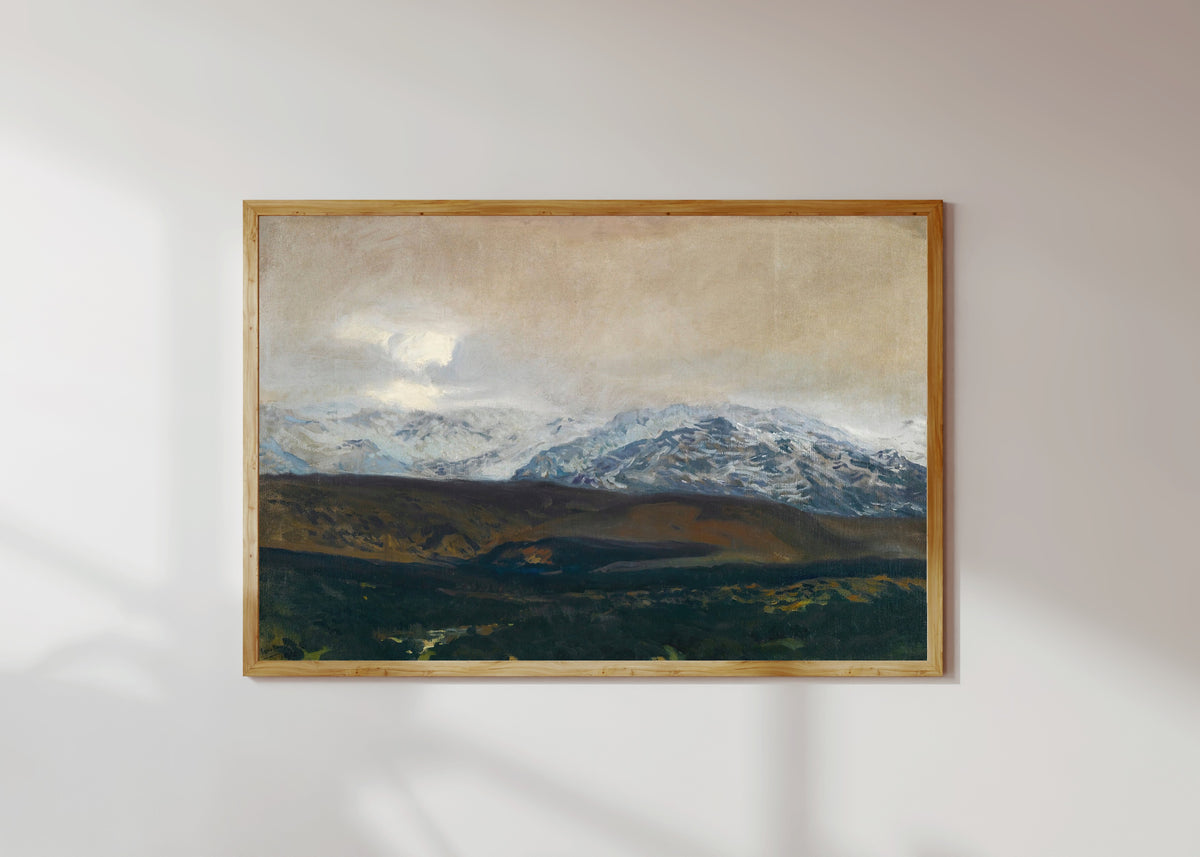 Framed art print of The Sierra de Guadarrama by Joaquín Sorolla, in a light wood frame on a sunlit white wall