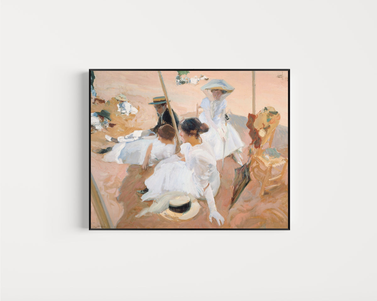 Framed art print of Under the Awning, Zarauz by Joaquín Sorolla, in a slim black frame on a plain white wall