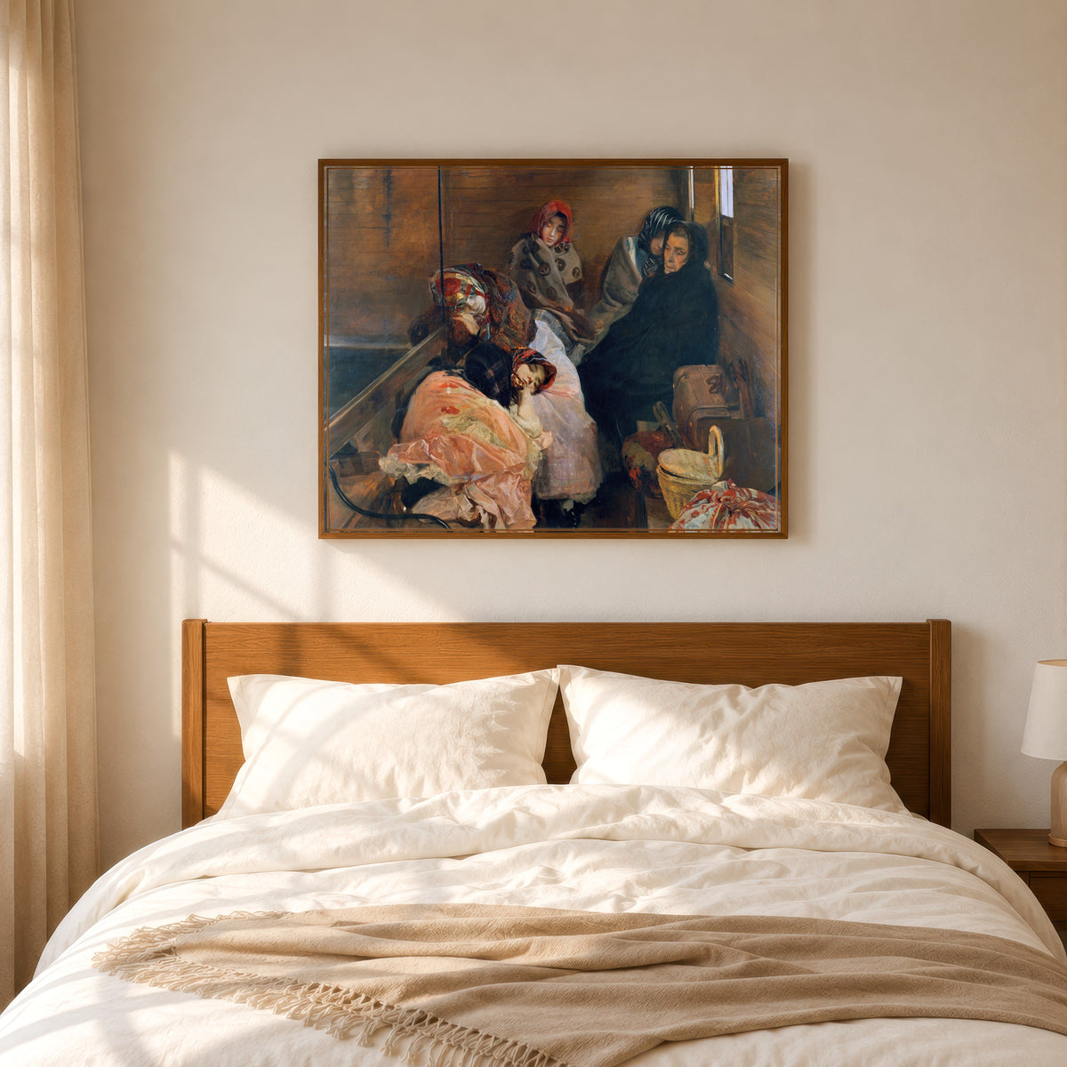 Framed art print of White Slave Trade (Trata de blancas) by Joaquín Sorolla, in a slim wood frame above a bed in a sunlit bedroom
