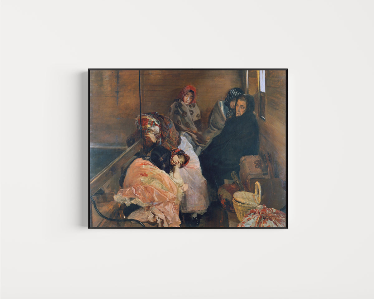 Framed art print of White Slave Trade (Trata de blancas) by Joaquín Sorolla, in a slim black frame on a plain white wall