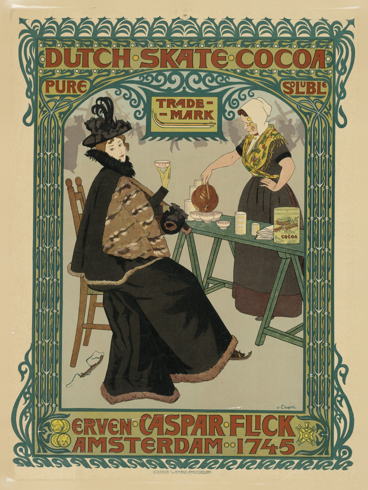 Dutch skate cocoa. Erven Caspar Flick by Johann Georg van Caspel — A plumed woman in a fur-trimmed cloak is served cocoa