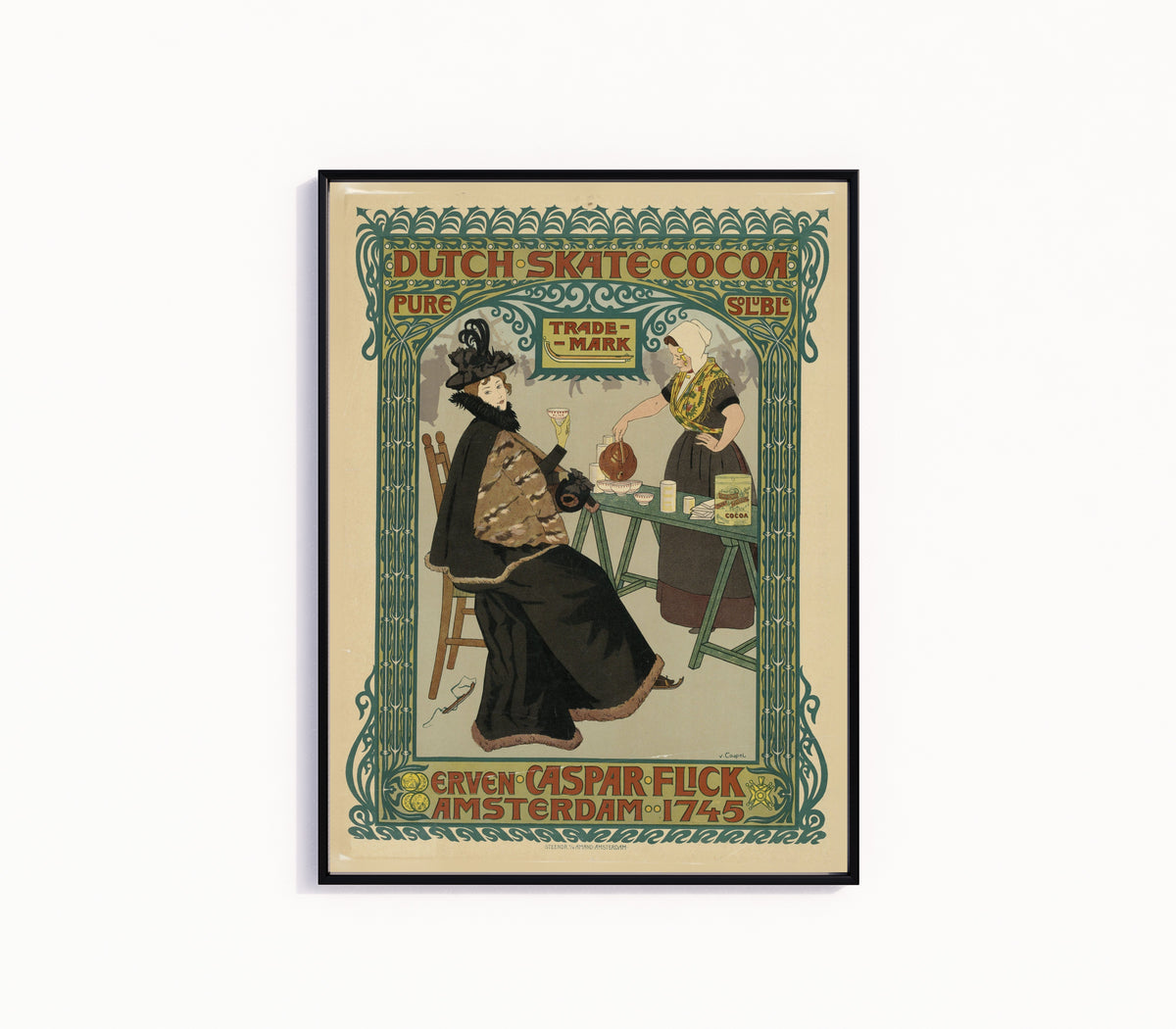 Framed art print of Dutch skate cocoa. Erven Caspar Flick by Johann Georg van Caspel, in a slim black frame on a plain white wall