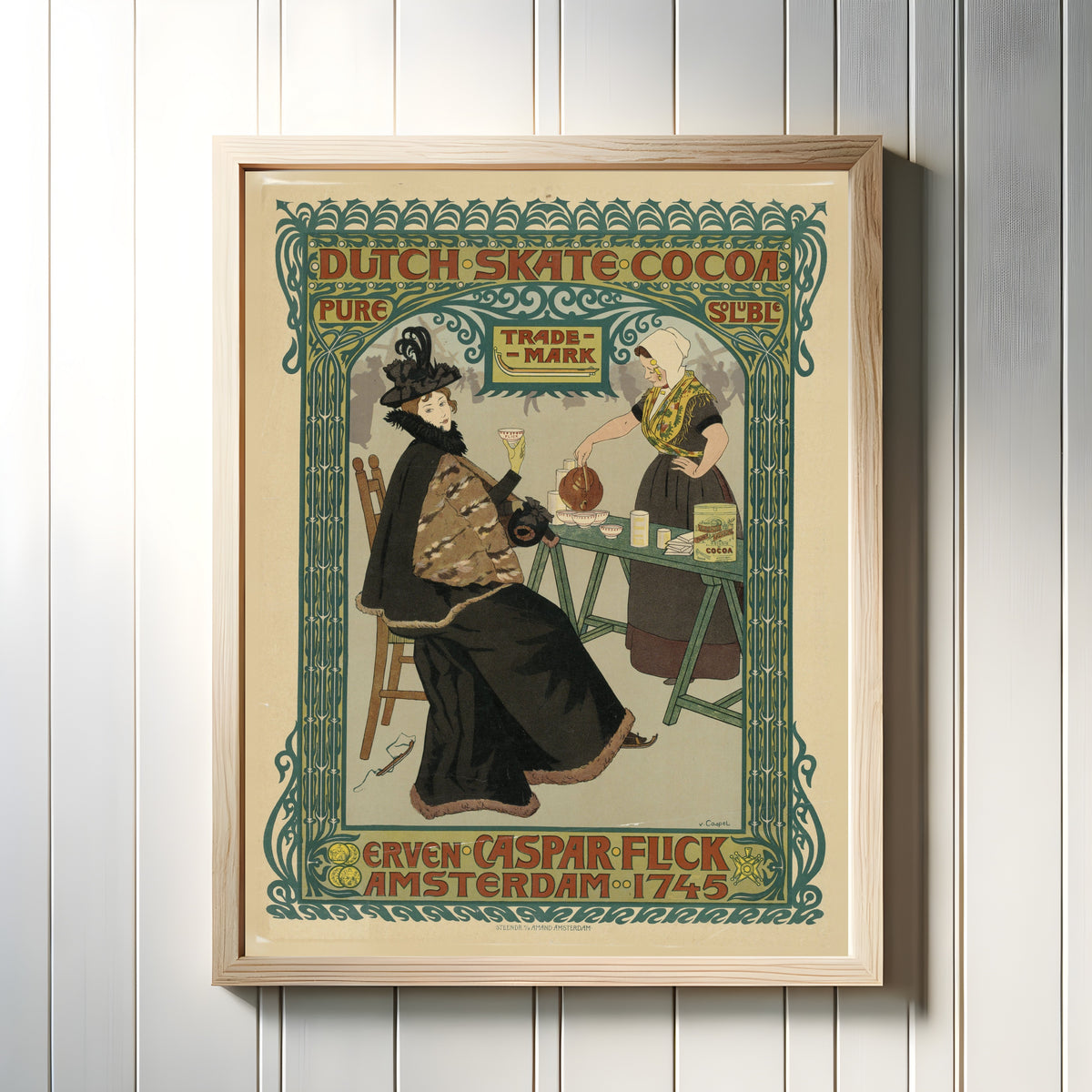 Framed art print of Dutch skate cocoa. Erven Caspar Flick by Johann Georg van Caspel, in a light wood frame on a white panelled wall