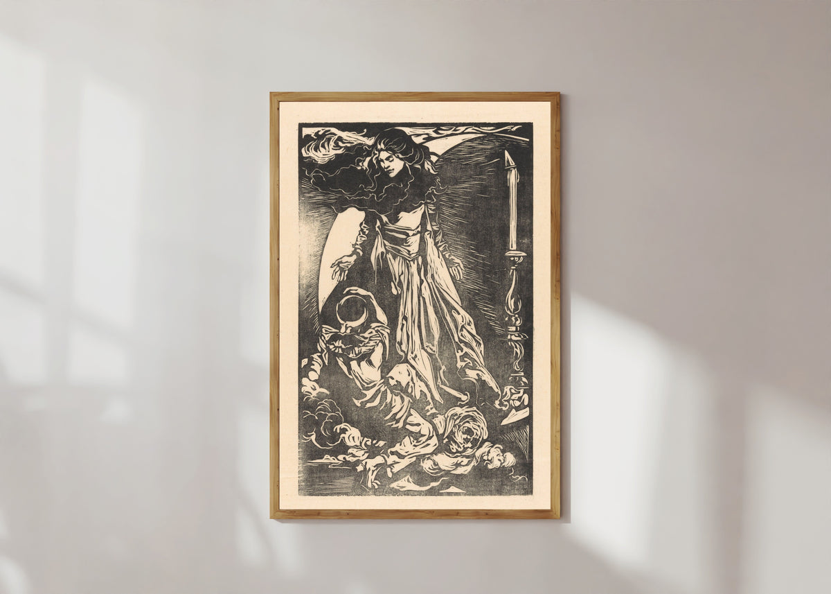Framed art print of Vrouw met maansikkel [Woman with crescent moon] by Johannes Josephus Aarts, in a light wood frame on a sunlit white wall