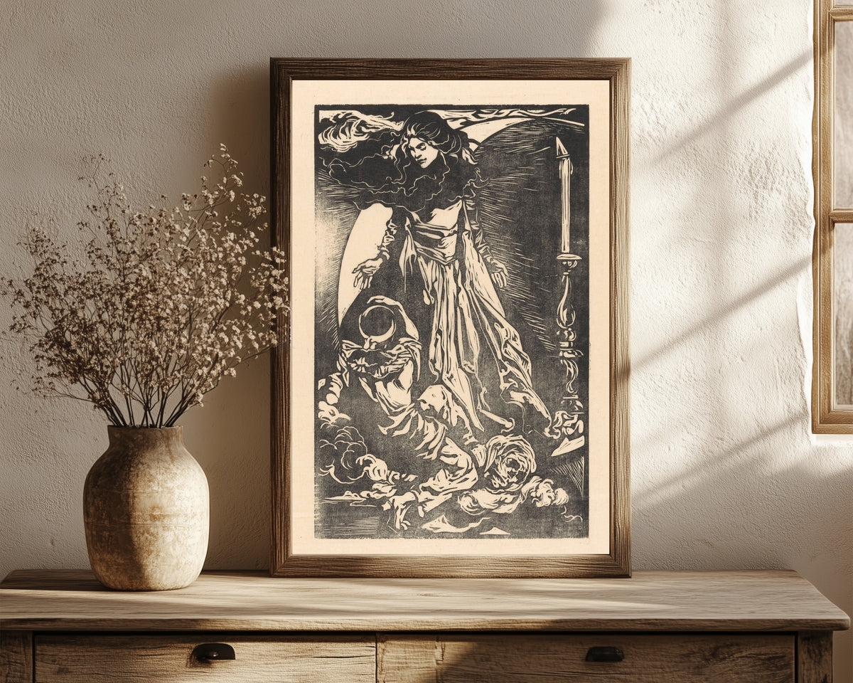 Framed art print of Vrouw met maansikkel [Woman with… by Johannes Josephus Aarts, in a dark wood frame leaning on a rustic console beside dried flowers