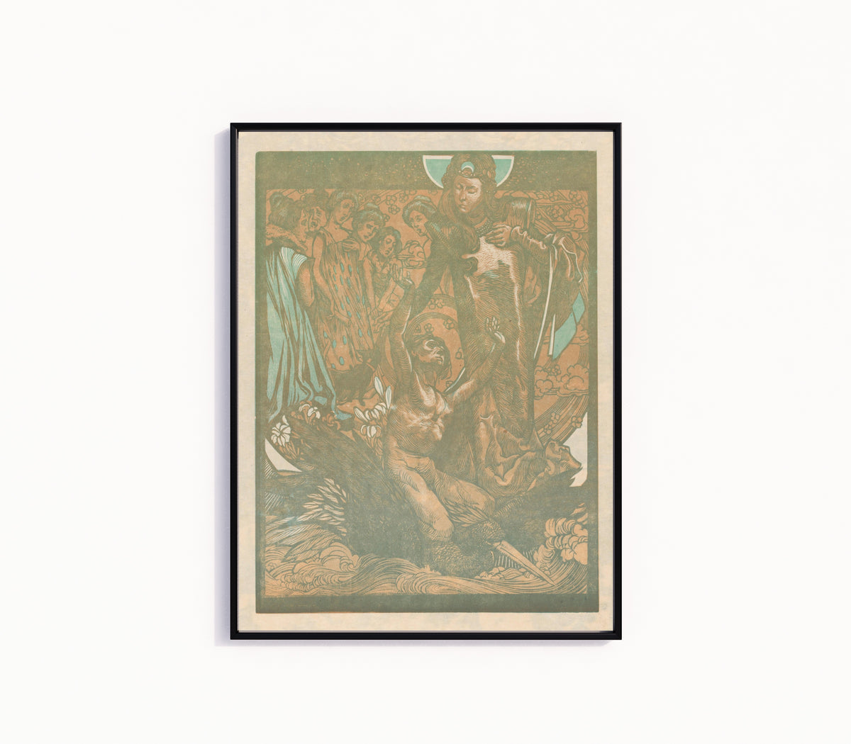 Framed art print of Vrouwenfiguren met man op rug van vogel [Female figures with man… by Johannes Josephus Aarts, in a slim black frame on a plain white wall
