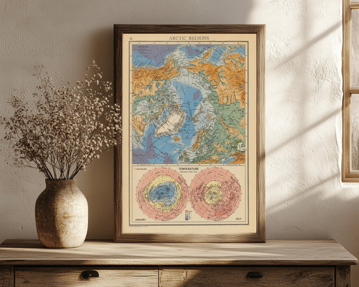Framed art print of Arctic Regions: Temperature, January and… by John Bartholomew & Son, in a dark wood frame leaning on a rustic console beside dried flowers