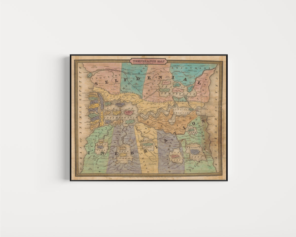 Framed art print of Temperance Map by John Christian Wiltberger Jr., in a slim black frame on a plain white wall