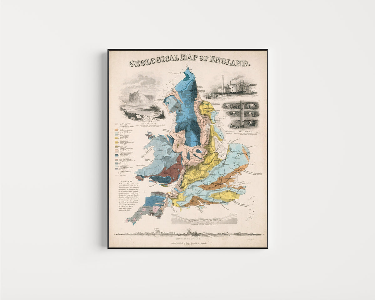 Framed art print of Geological Map of England by John Emslie, in a slim black frame on a plain white wall