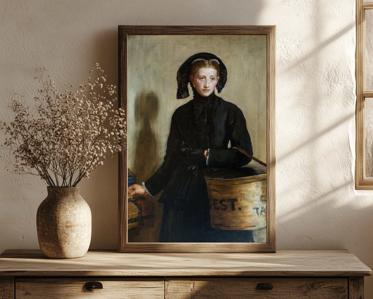 Framed art print of A Widow's Mite by John Everett Millais, in a dark wood frame leaning on a rustic console beside dried flowers