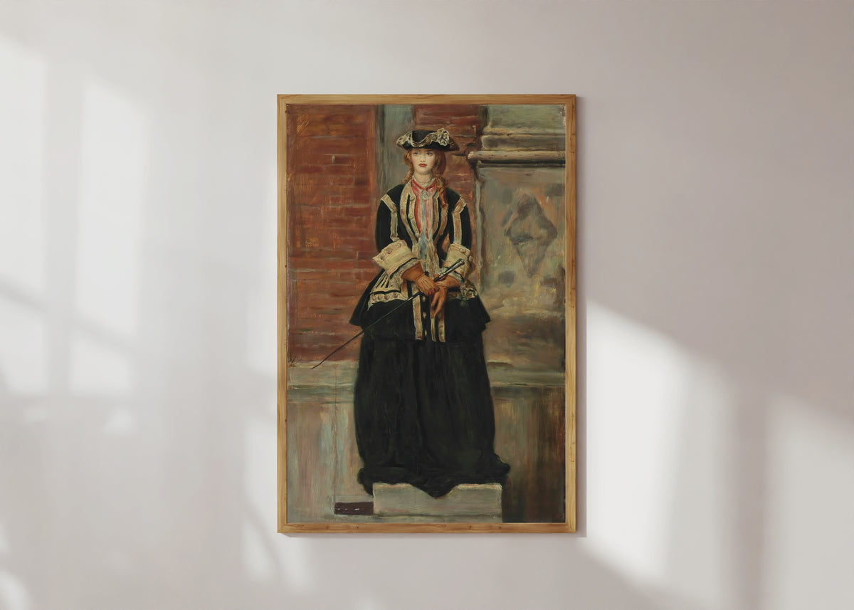 Framed art print of Charlie Is My Darling by John Everett Millais, in a light wood frame on a sunlit white wall