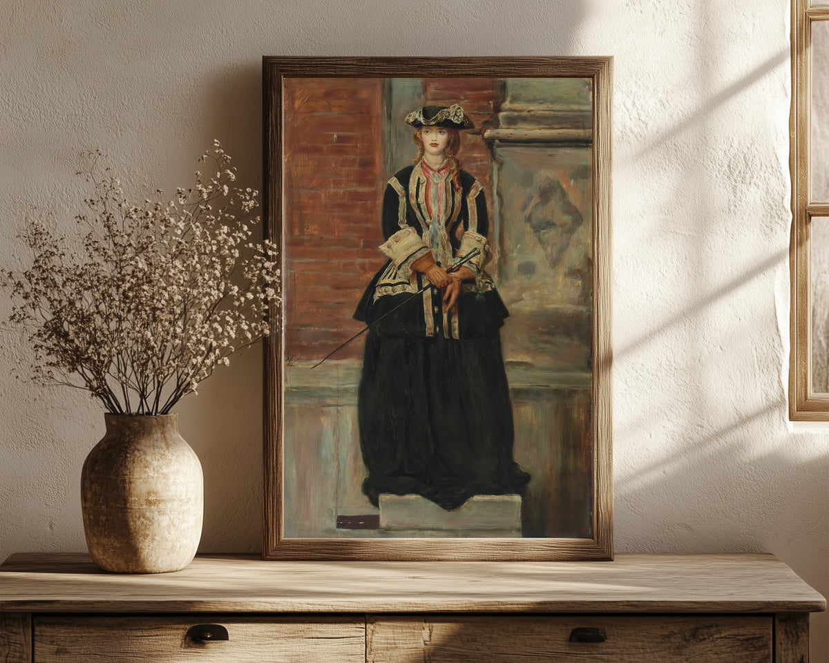 Framed art print of Charlie Is My Darling by John Everett Millais, in a dark wood frame leaning on a rustic console beside dried flowers