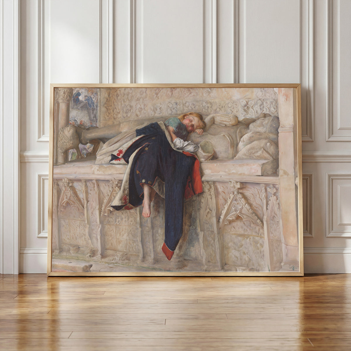 Framed art print of L'Enfant du Régiment by John Everett Millais, in a light wood frame leaning against a panelled white wall