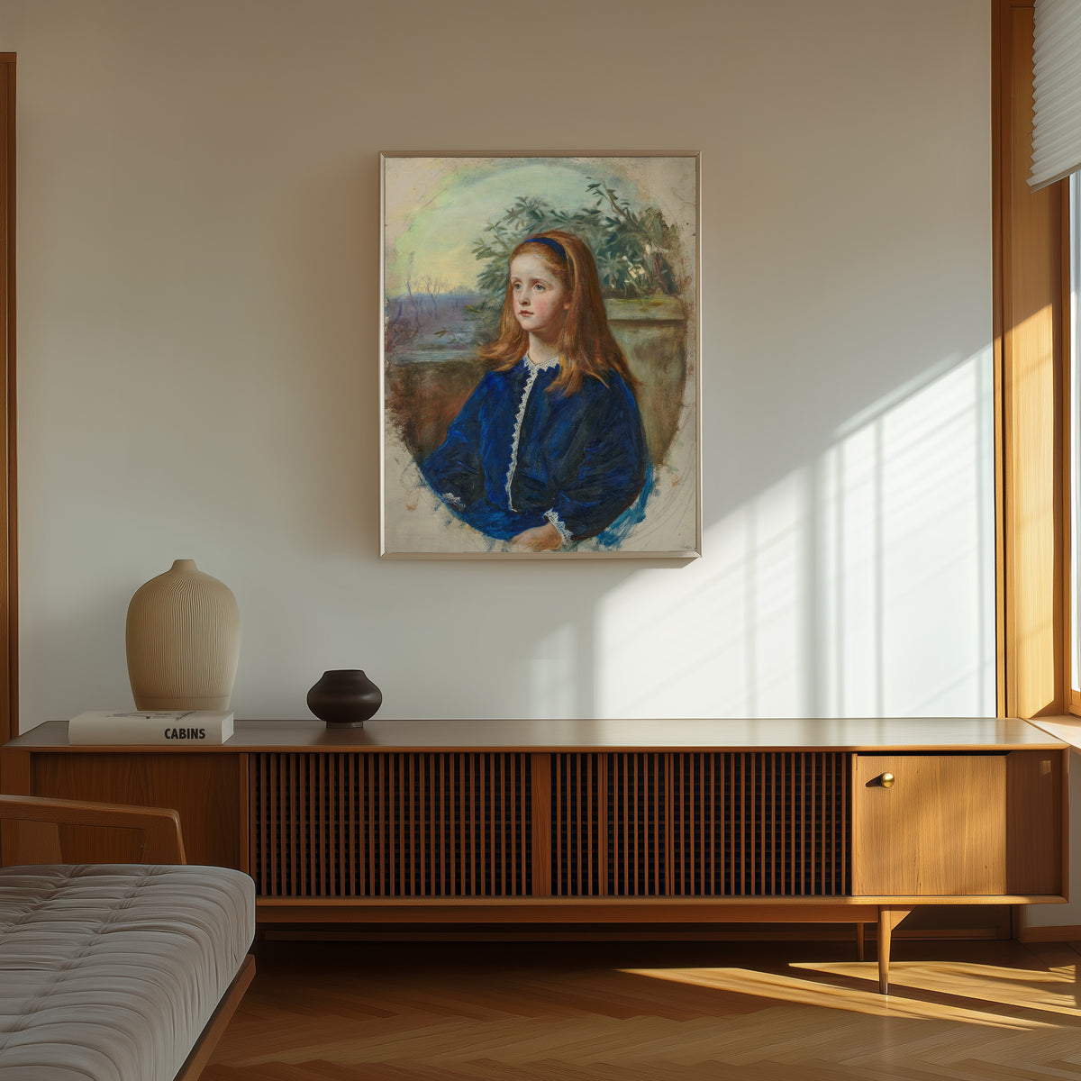 Framed art print of Portrait of Margaret Fuller Maitland by John Everett Millais, in a thin light frame on a sunlit wall above a wooden sideboard