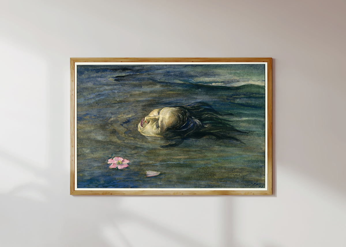 Framed art print of The Strange Thing Little Kiosai Saw in the River by John La Farge, in a light wood frame on a sunlit white wall