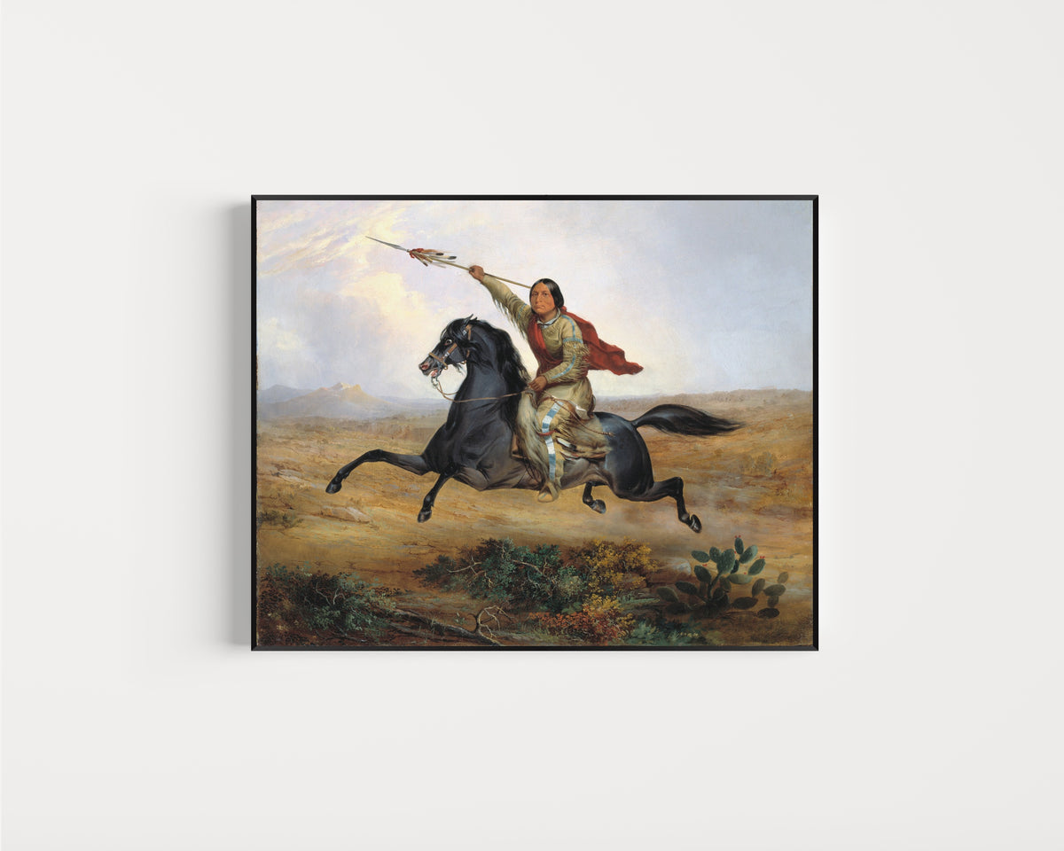 Framed art print of Ko-rak-koo-kiss, a Towoccono Warrior by John Mix Stanley, in a slim black frame on a plain white wall