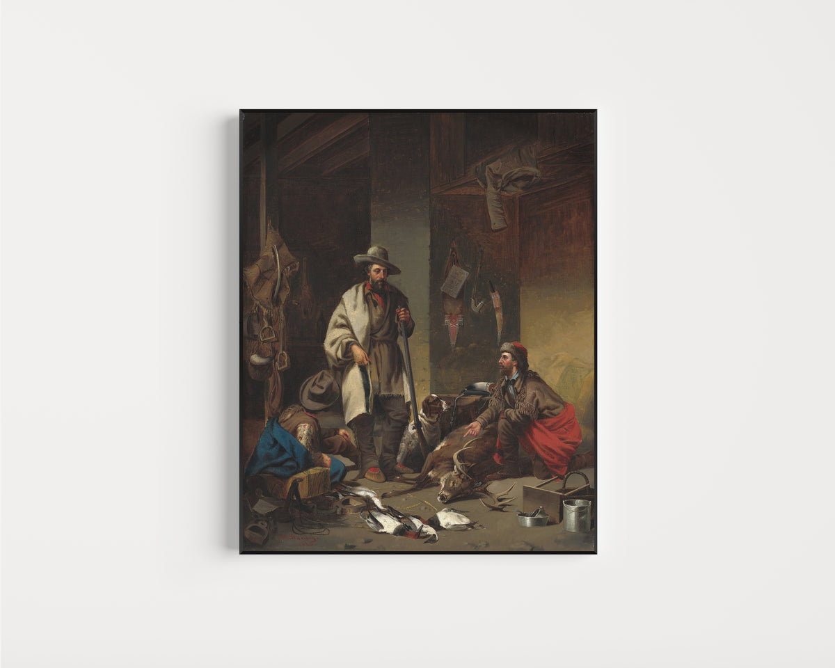 Framed art print of The Trapper's Cabin by John Mix Stanley, in a slim black frame on a plain white wall