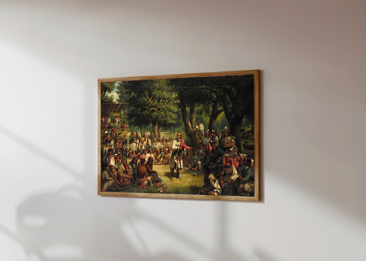 Framed art print of The Trial of Red Jacket by John Mix Stanley, in a light wood frame on a sunlit white wall, seen at a slight angle
