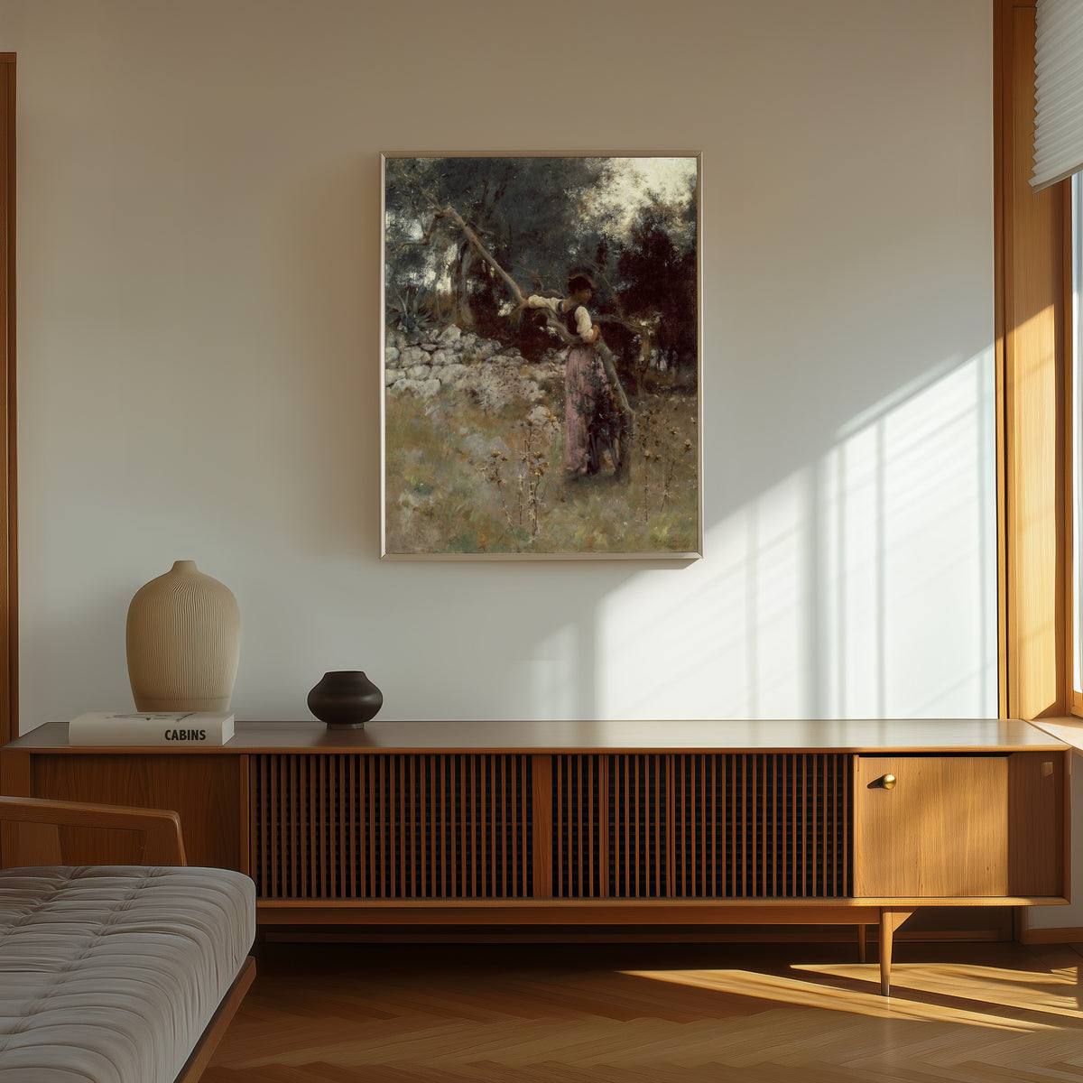 Framed art print of A Capriote by John Singer Sargent, in a thin light frame on a sunlit wall above a wooden sideboard