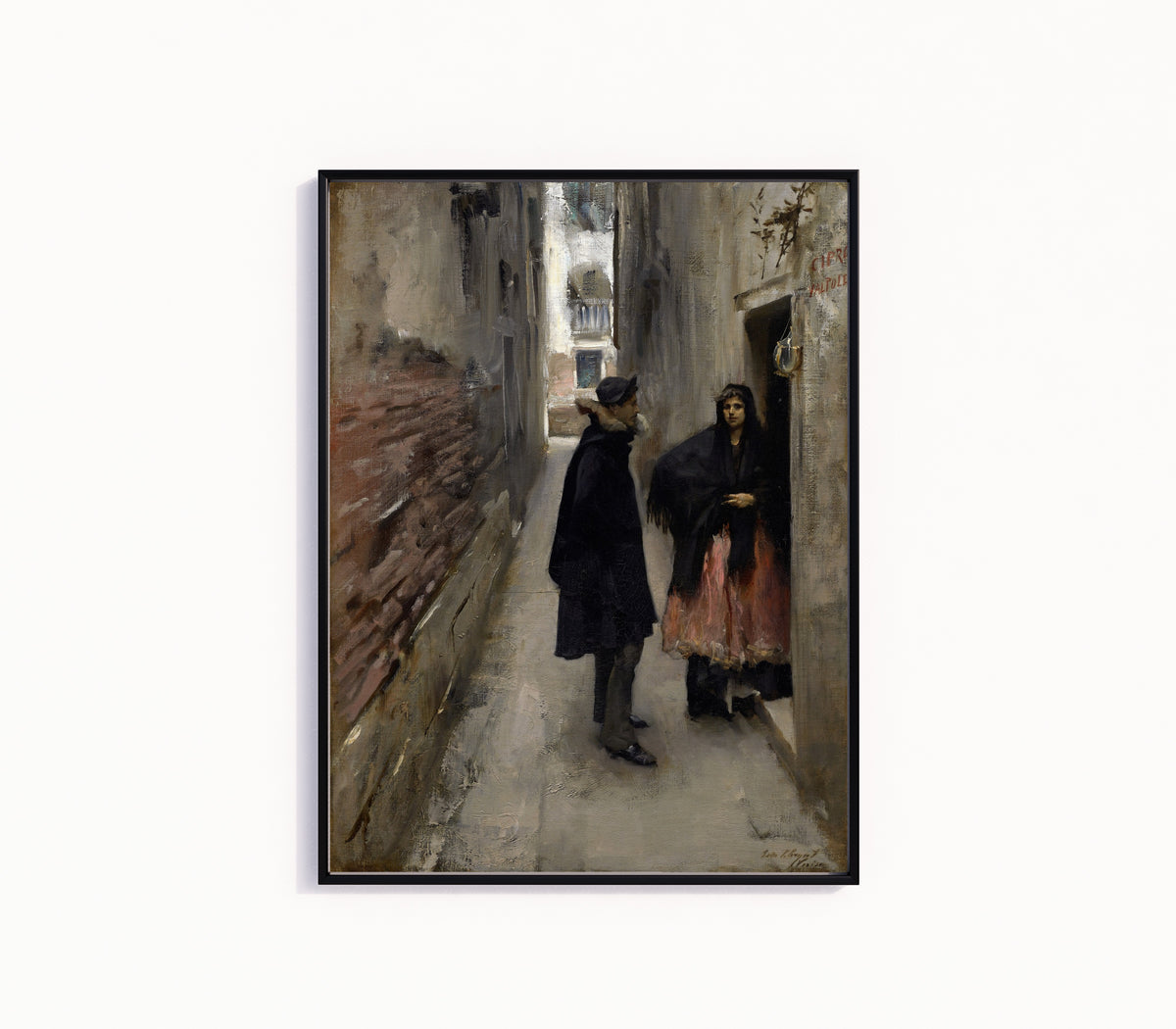 Framed art print of A Street in Venice by John Singer Sargent, in a slim black frame on a plain white wall