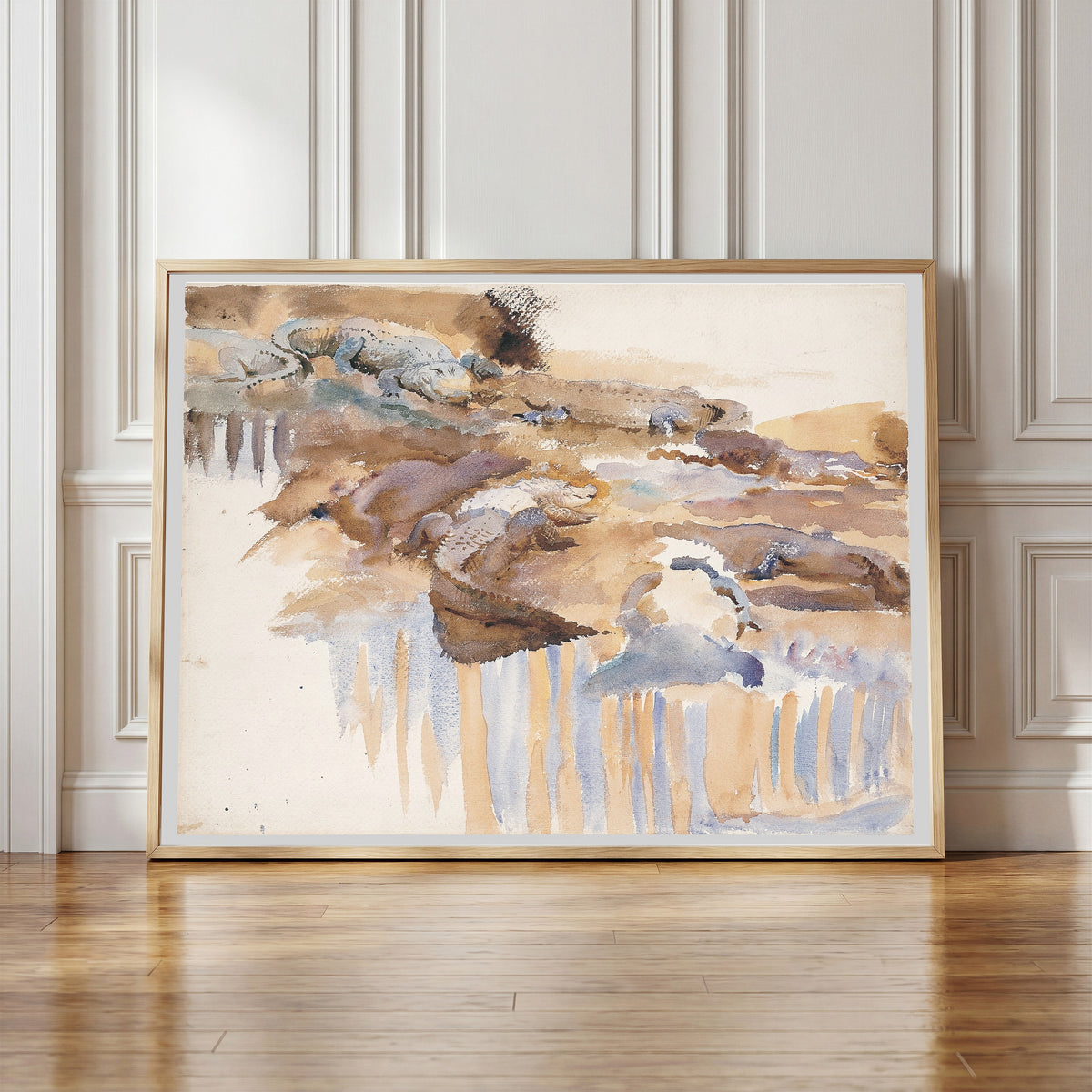 Framed art print of Alligators by John Singer Sargent, in a light wood frame leaning against a panelled white wall