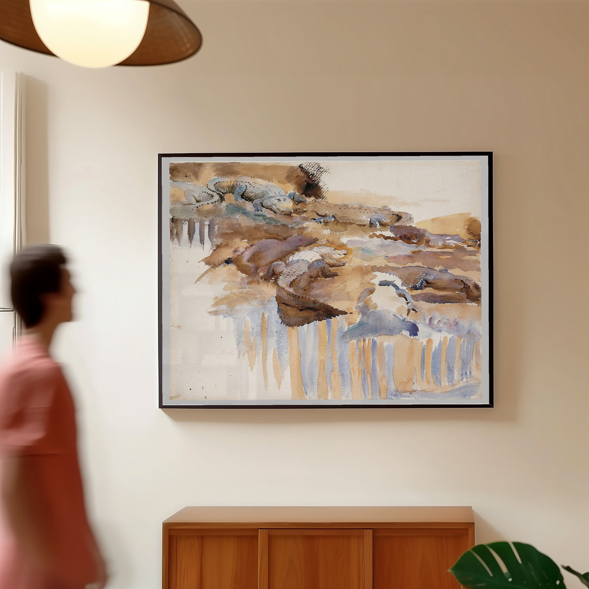 Framed art print of Alligators by John Singer Sargent, in a slim black frame on a warm wall in a sunlit room