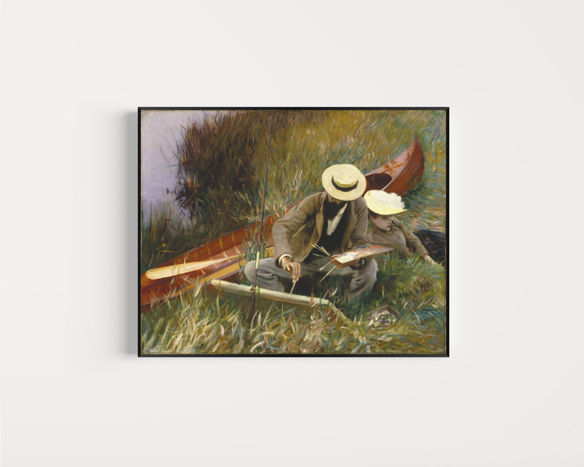 Framed art print of An Out-of-Doors Study by John Singer Sargent, in a slim black frame on a plain white wall
