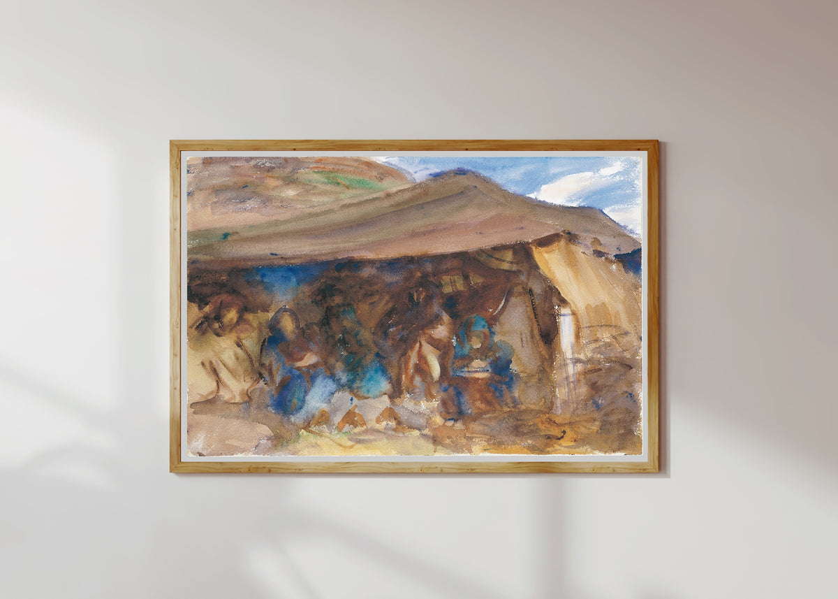 Framed art print of Bedouin Tent by John Singer Sargent, in a light wood frame on a sunlit white wall