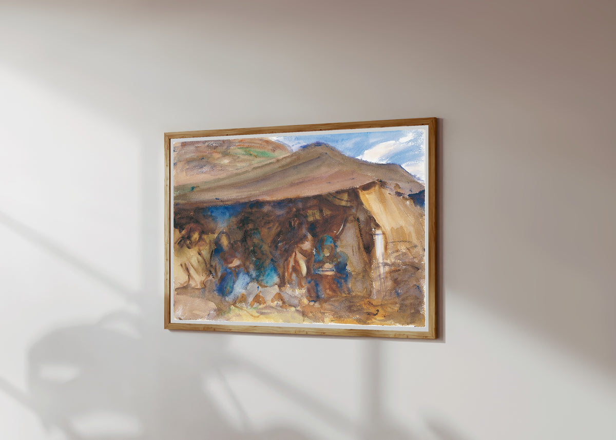Framed art print of Bedouin Tent by John Singer Sargent, in a light wood frame on a sunlit white wall, seen at a slight angle