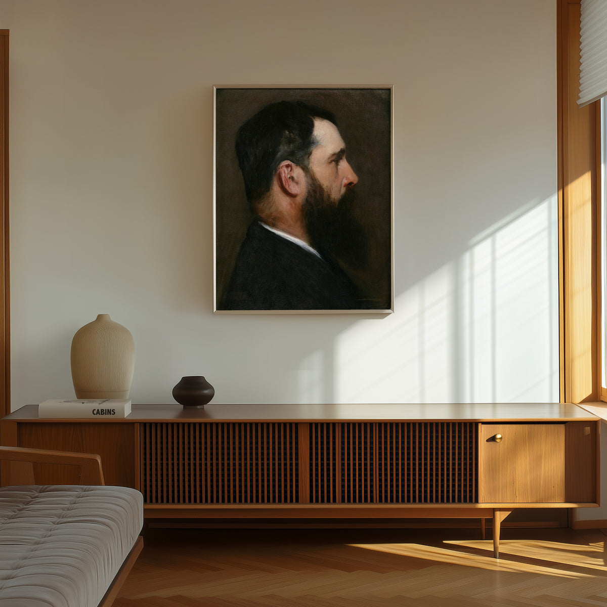 Framed art print of Claude Monet by John Singer Sargent, in a thin light frame on a sunlit wall above a wooden sideboard