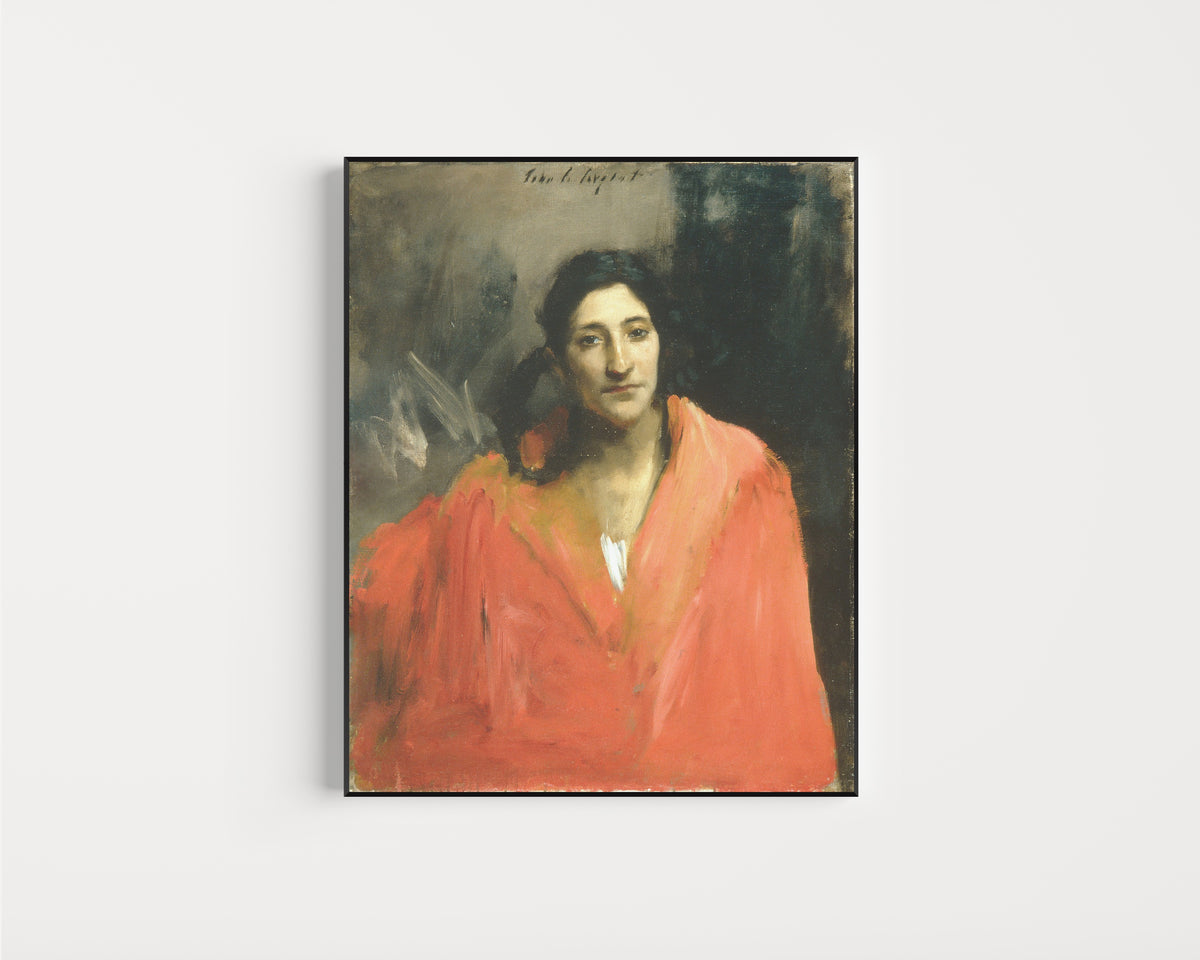 Framed art print of Gitana by John Singer Sargent, in a slim black frame on a plain white wall