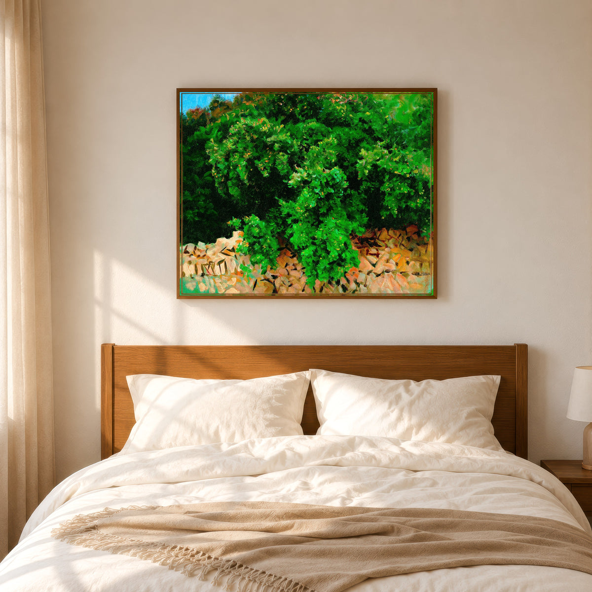 Framed art print of Ilex Wood, Majorca by John Singer Sargent, in a slim wood frame above a bed in a sunlit bedroom