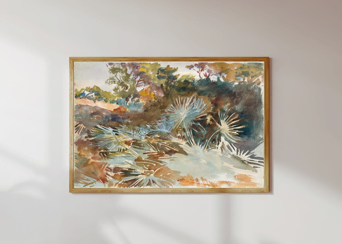 Framed art print of Landscape with Palmettos by John Singer Sargent, in a light wood frame on a sunlit white wall