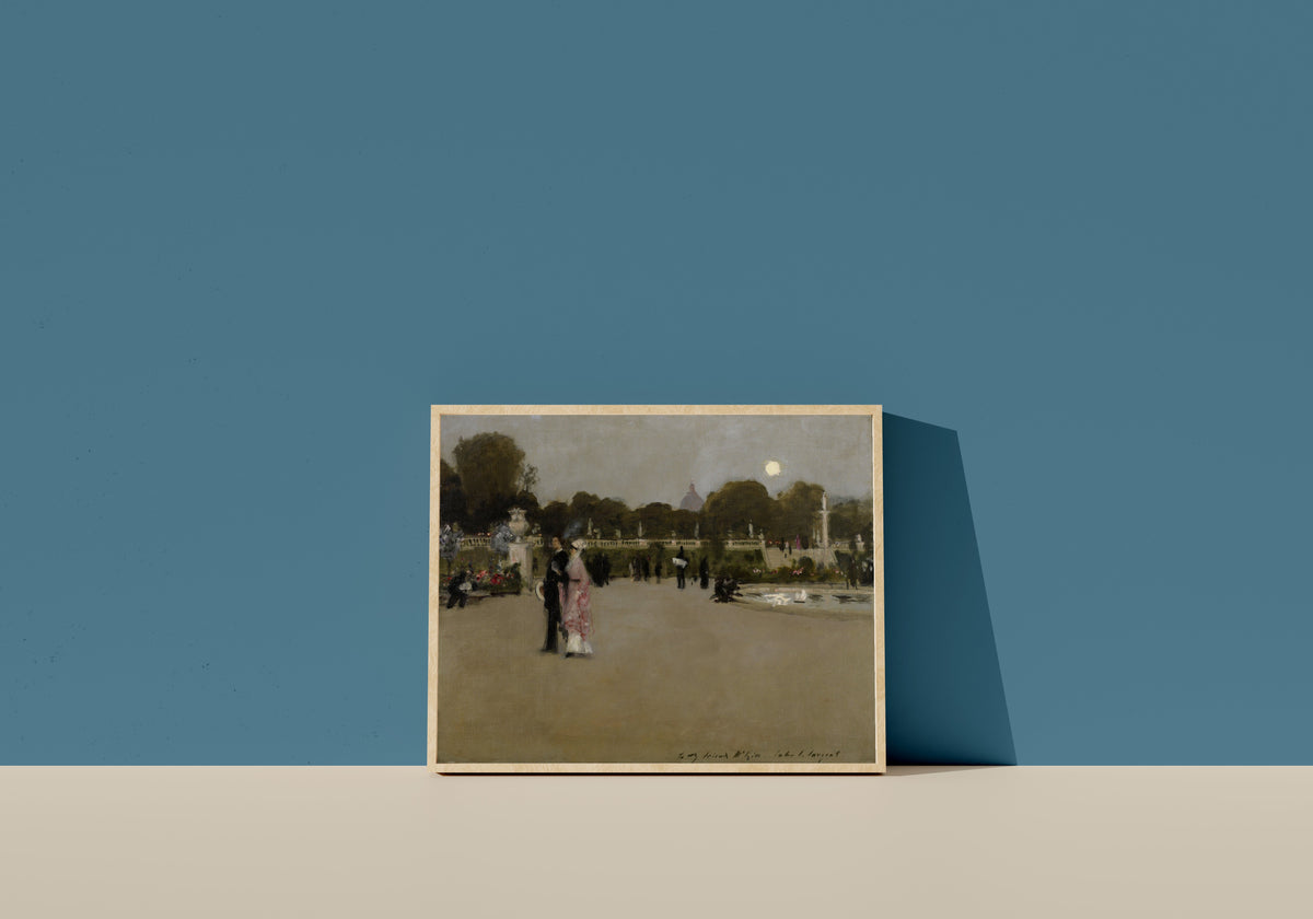 Framed art print of Luxembourg Gardens at Twilight by John Singer Sargent, in a light wood frame leaning on a blue wall