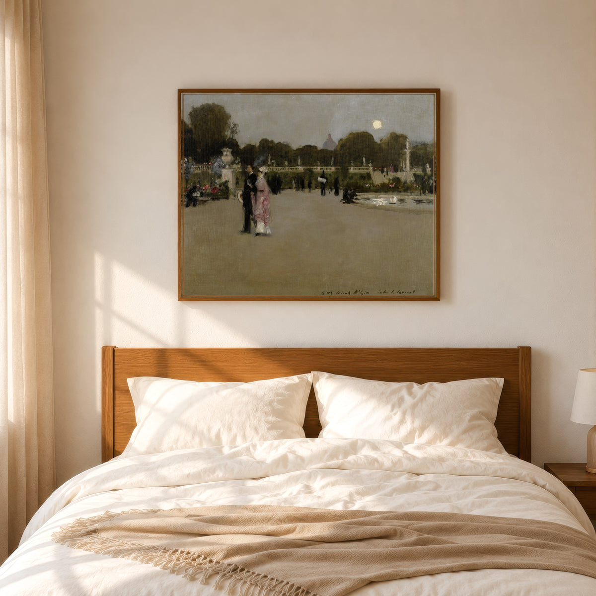 Framed art print of Luxembourg Gardens at Twilight by John Singer Sargent, in a slim wood frame above a bed in a sunlit bedroom