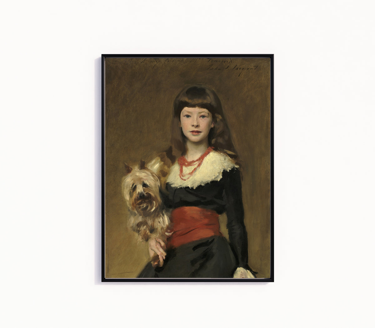 Framed art print of Miss Beatrice Townsend by John Singer Sargent, in a slim black frame on a plain white wall
