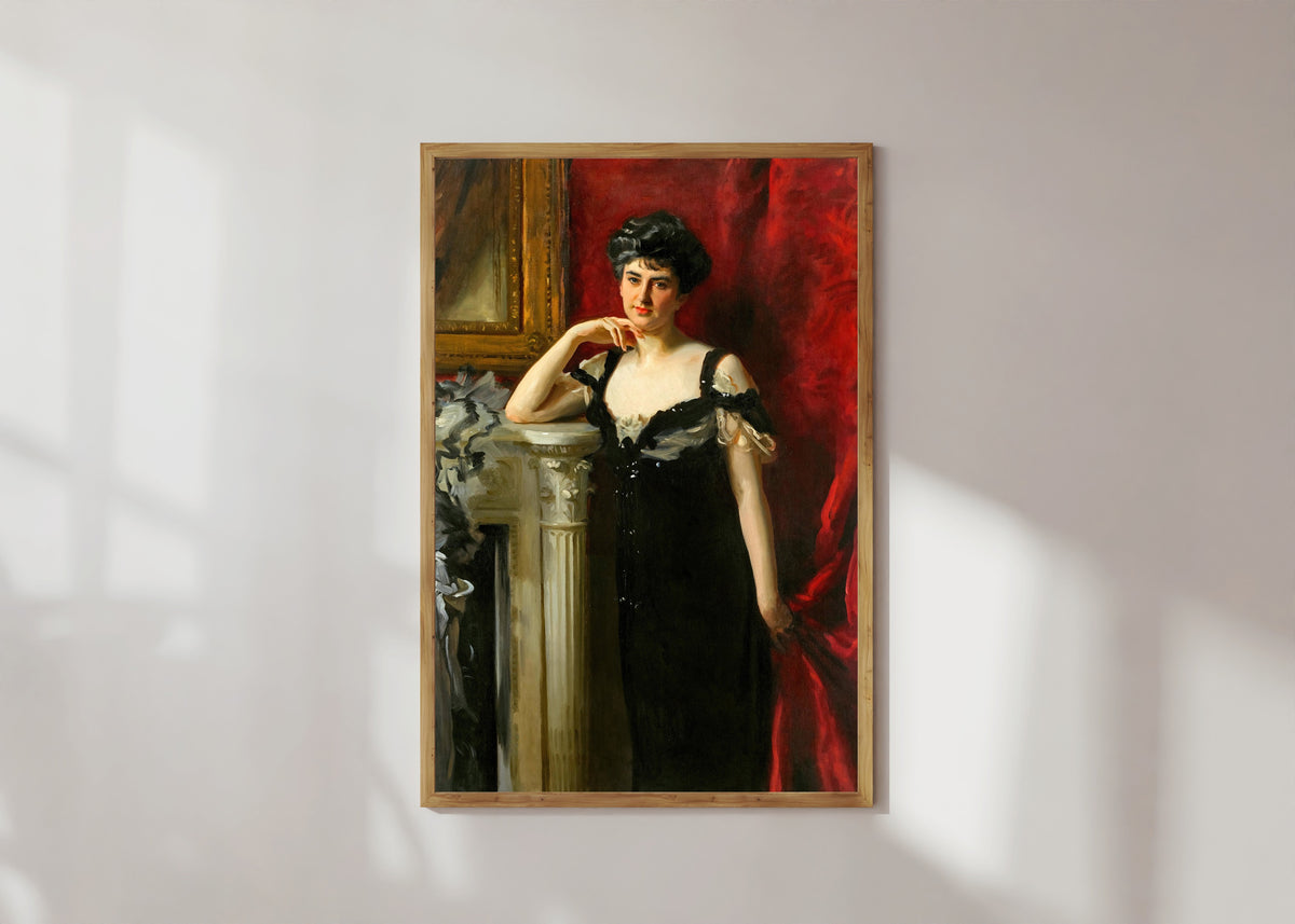 Framed art print of Mrs. John C. Tomlinson by John Singer Sargent, in a light wood frame on a sunlit white wall