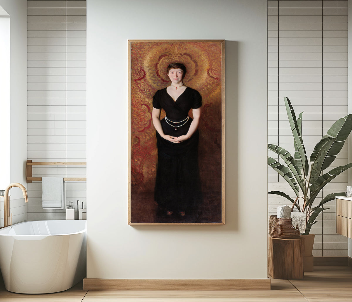 Framed art print of Portrait of Isabella Stewart Gardner by John Singer Sargent, in a bathroom beside a freestanding tub
