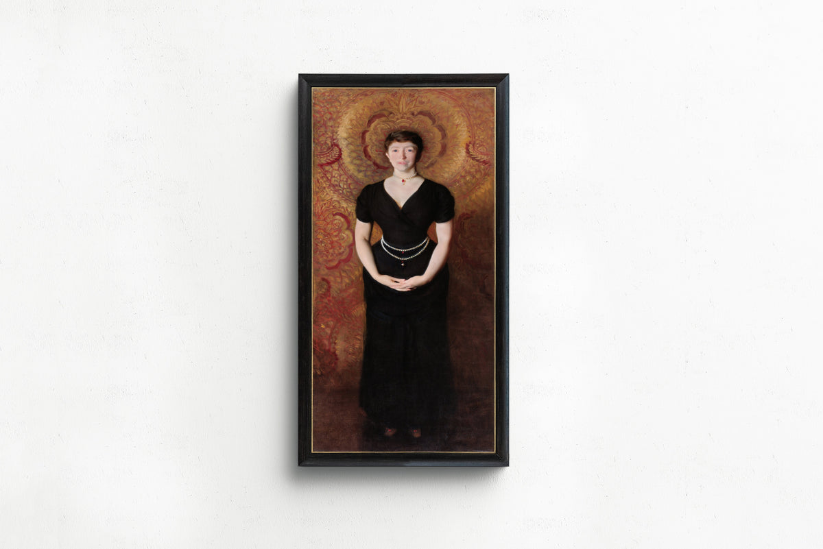 Framed art print of Portrait of Isabella Stewart Gardner by John Singer Sargent, in a slim black frame on a plain white wall