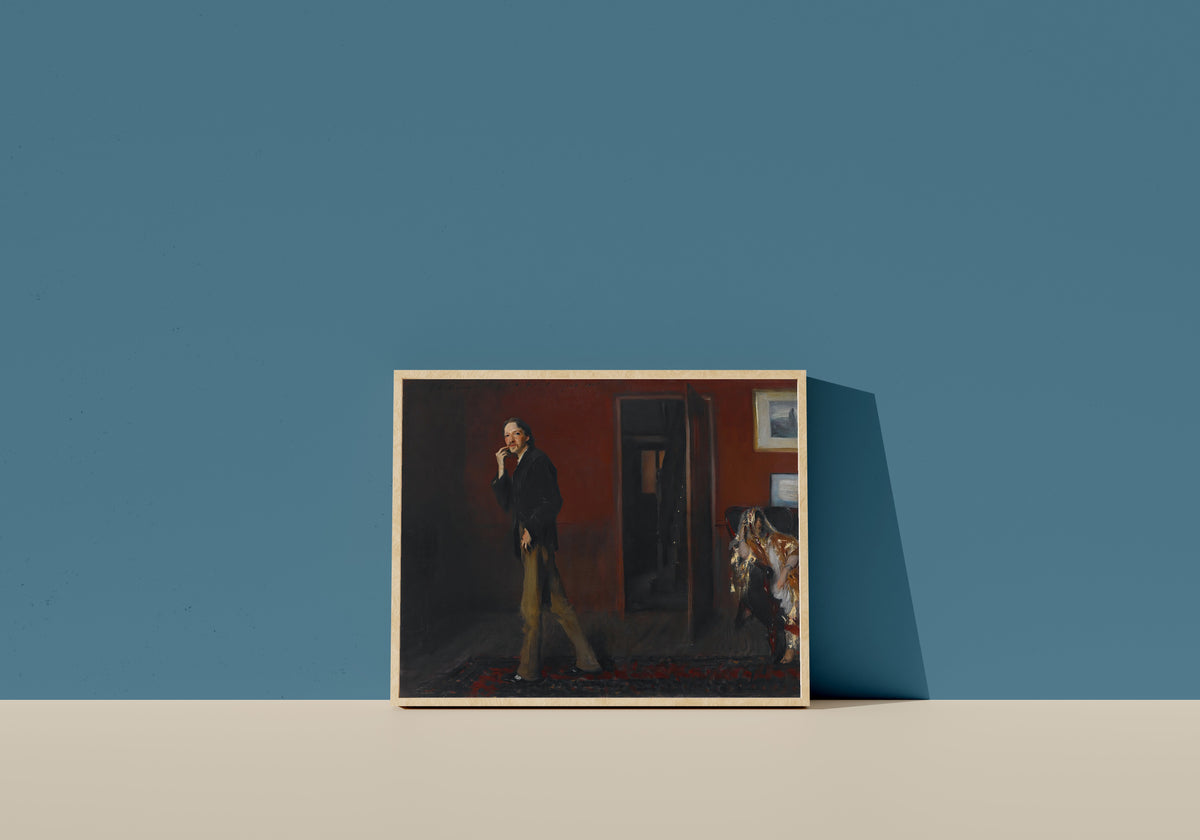 Framed art print of Robert Louis Stevenson and His Wife by John Singer Sargent, in a light wood frame leaning on a blue wall