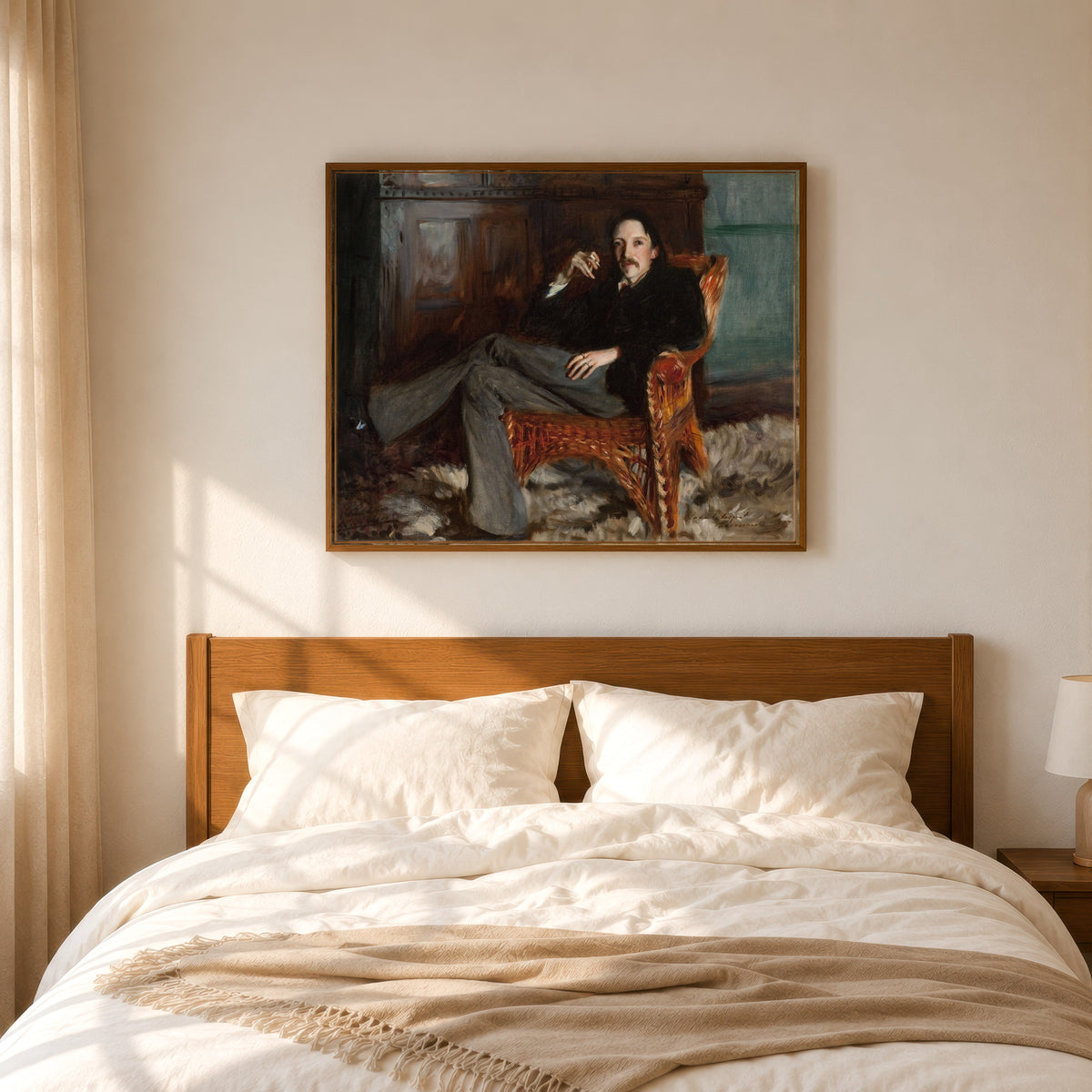 Framed art print of Robert Louis Stevenson by John Singer Sargent, in a slim wood frame above a bed in a sunlit bedroom