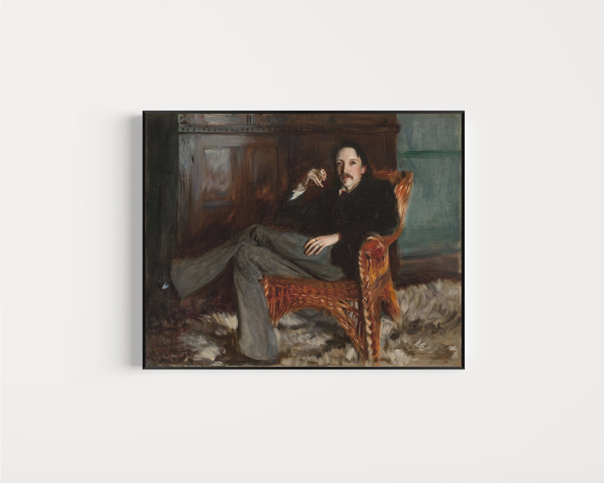 Framed art print of Robert Louis Stevenson by John Singer Sargent, in a slim black frame on a plain white wall